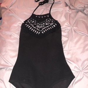 Black halter top body suit